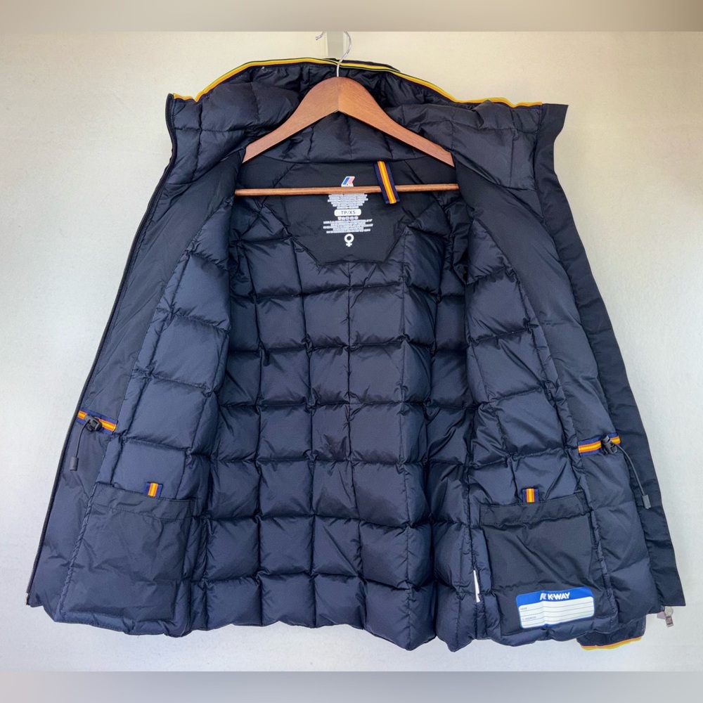 K-WAY Puffer Jacket Coat Down Feathers Women's Black‎ XS Hood Rainbow Stripe NEW - Picture 4 of 16